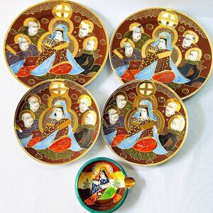 Takito Japan Geisha Ware 4 Plates Vintage Empress Satsuma Moriage Bonus Ashtray